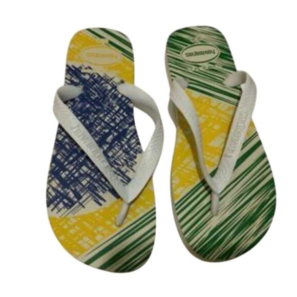 Havaianas Brazil Logo Flip Flops 43/44 Blue Yellow Green Sandals US 11/12 READ - Picture 1 of 10